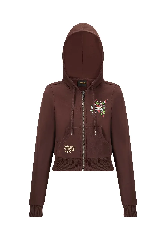 Womens Lks Graphic Cropped Zip Thru Hoodie - Brown