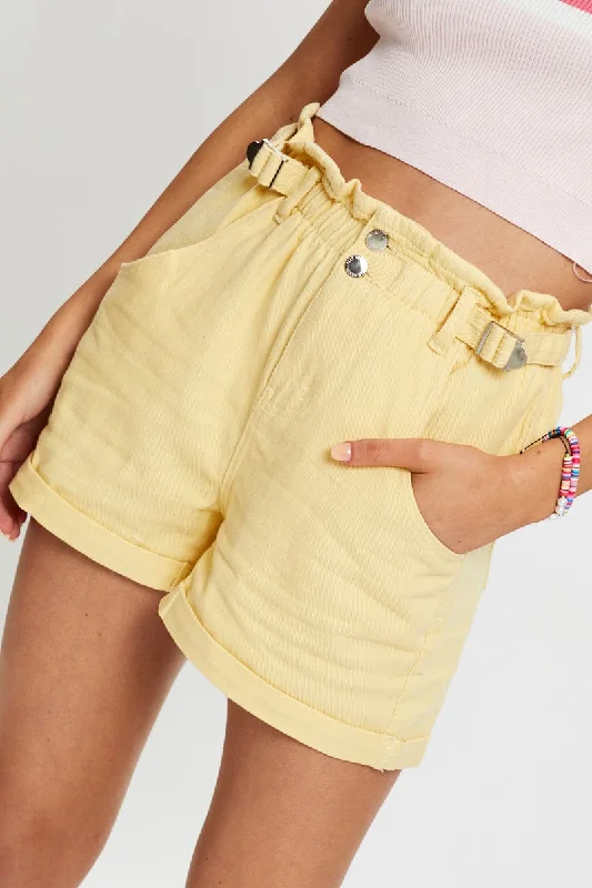 Yellow 2 Button Paperbag Color Denim Shorts